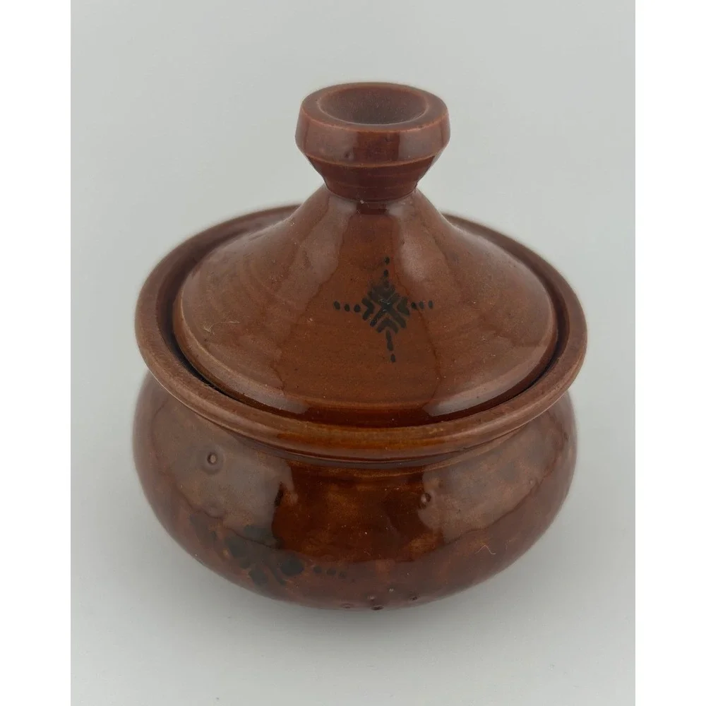 Vintage Handmade Ceramic Small Tagine‎ Pot Decorative Dish with Lid Brown